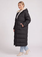 Sherplu Longline Puffer Coat – Hooded Quilted Maxi Women Winter Coat Sherpa Lined Hood Zip Front Jacket