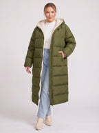 Sherplu Longline Puffer Coat – Hooded Quilted Maxi Women Winter Coat Sherpa Lined Hood Zip Front Jacket