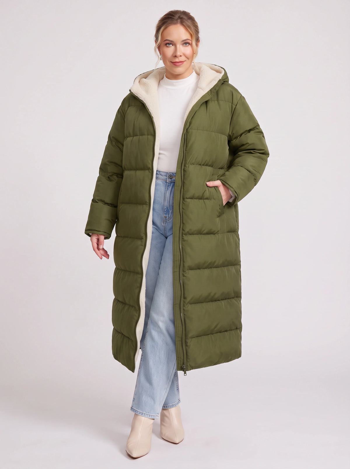 Sherplu Longline Puffer Coat – Hooded Quilted Maxi Women Winter Coat Sherpa Lined Hood Zip Front Jacket