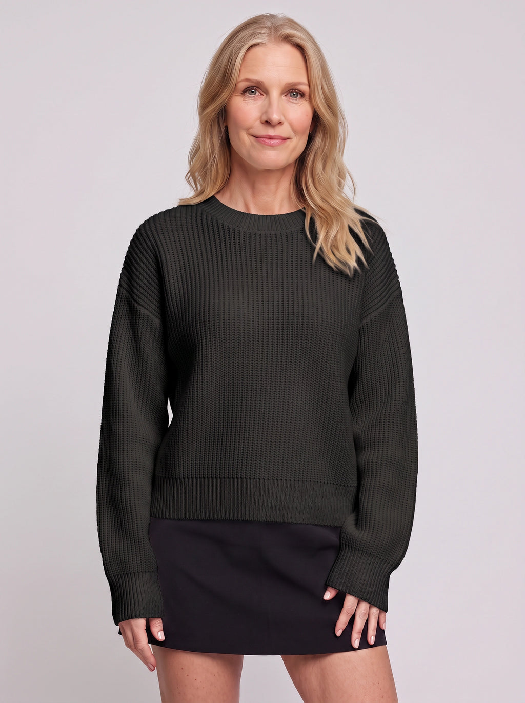 Balovyn Waffle Knit Crew Neck Jumper – Balloon Sleeve Oversized Relaxed Women Casual Autumn Winter Knitwear