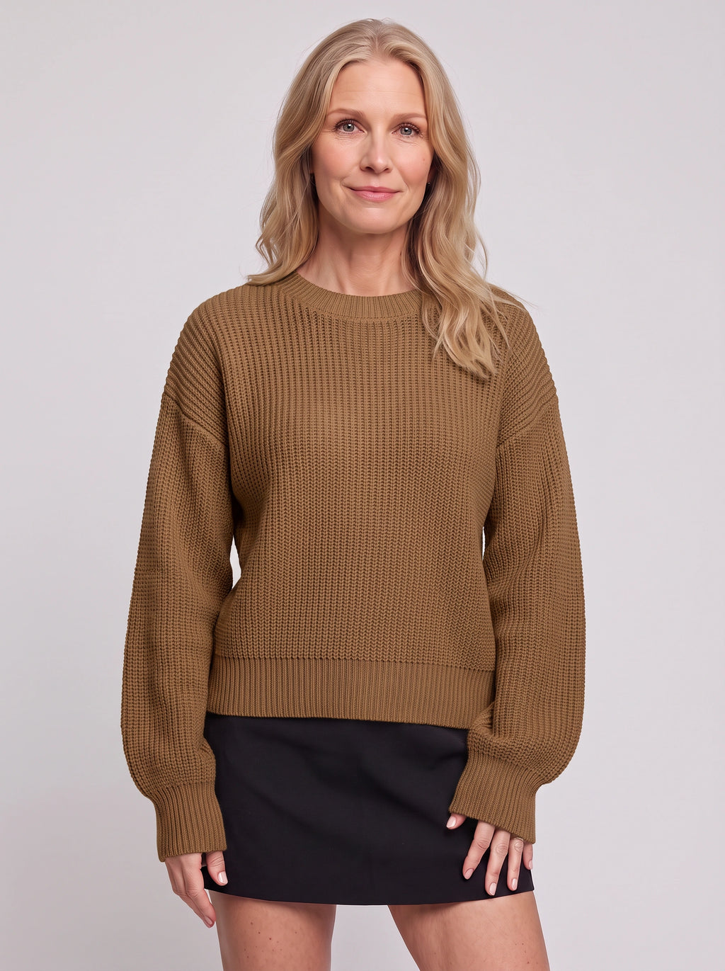 Balovyn Waffle Knit Crew Neck Jumper – Balloon Sleeve Oversized Relaxed Women Casual Autumn Winter Knitwear