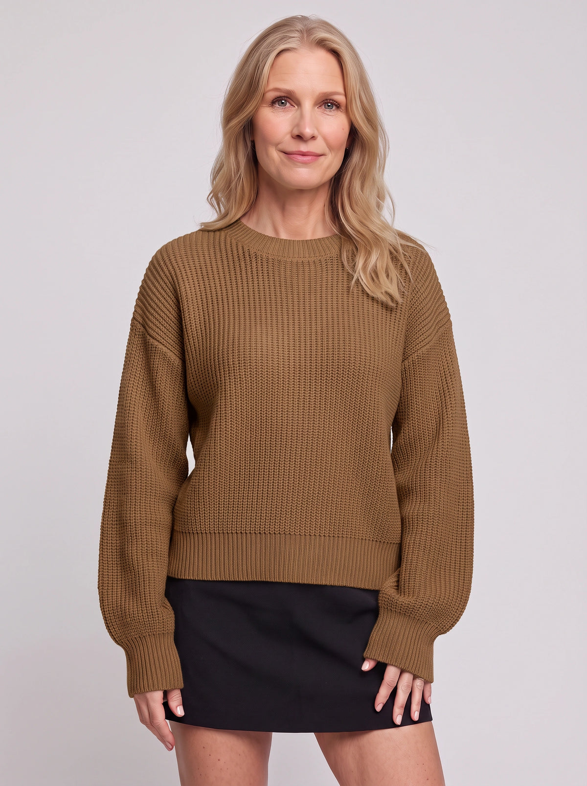 Balovyn Waffle Knit Crew Neck Jumper – Balloon Sleeve Oversized Relaxed Women Casual Autumn Winter Knitwear