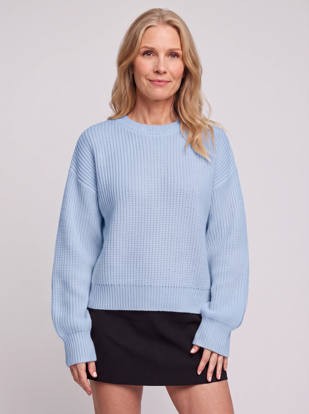 Balovyn Waffle Knit Crew Neck Jumper – Balloon Sleeve Oversized Relaxed Women Casual Autumn Winter Knitwear