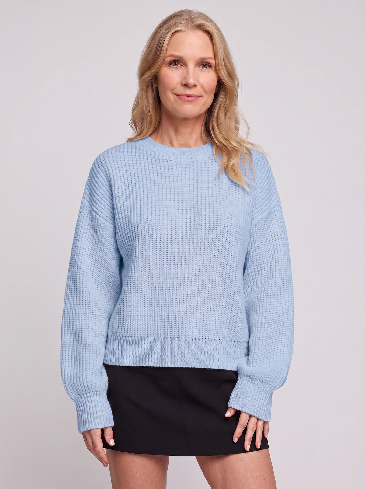 Balovyn Waffle Knit Crew Neck Jumper – Balloon Sleeve Oversized Relaxed Women Casual Autumn Winter Knitwear