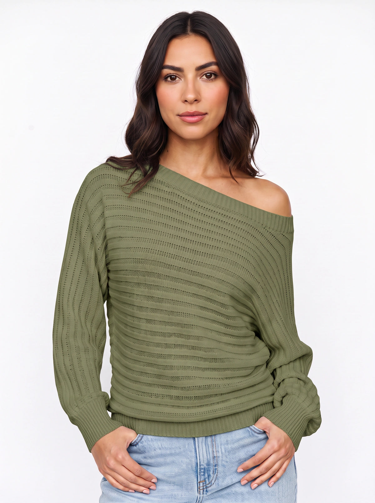 Diagona Off-Shoulder Ribbed Knit Jumper – Batwing Sleeve Women Casual Autumn Winter Oversized Jumper