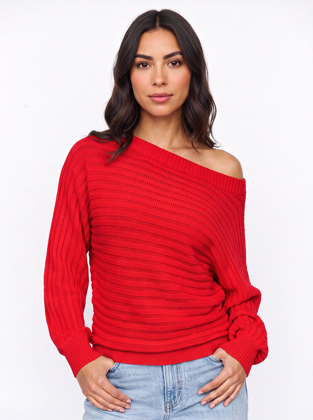 Diagona Off-Shoulder Ribbed Knit Jumper – Batwing Sleeve Women Casual Autumn Winter Oversized Jumper