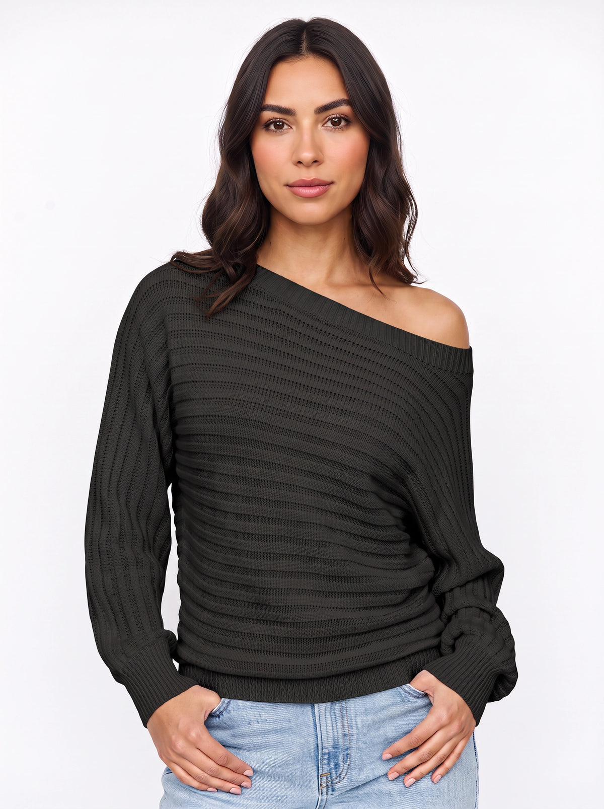 Diagona Off-Shoulder Ribbed Knit Jumper – Batwing Sleeve Women Casual Autumn Winter Oversized Jumper