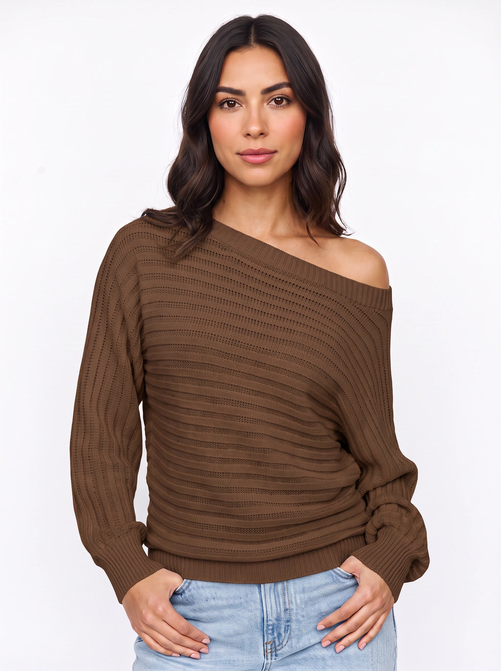 Diagona Off-Shoulder Ribbed Knit Jumper – Batwing Sleeve Women Casual Autumn Winter Oversized Jumper