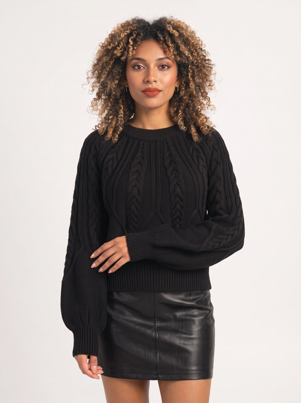 Diapana Cable Knit Balloon Sleeve Jumper – Women Chunky Knit Sweater Autumn Winter Casual Oversized Crew Neck Jumper