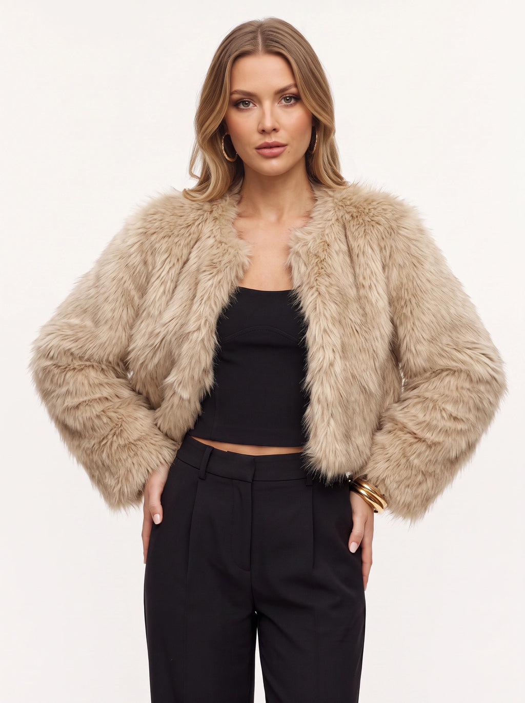 Starru Cropped Faux Fur Jacket – Women Cropped Fur Coat Short Evening Party Open Front Jacket