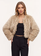 Starru Cropped Faux Fur Jacket – Women Cropped Fur Coat Short Evening Party Open Front Jacket