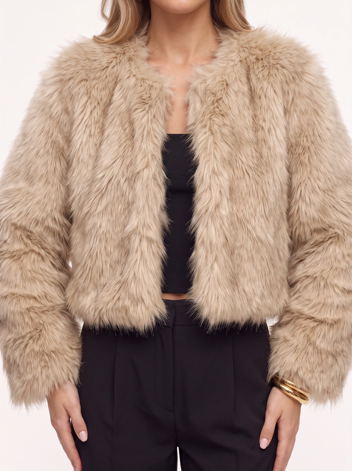 Starru Cropped Faux Fur Jacket – Women Cropped Fur Coat Short Evening Party Open Front Jacket