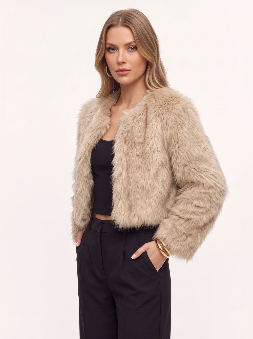 Starru Cropped Faux Fur Jacket – Women Cropped Fur Coat Short Evening Party Open Front Jacket