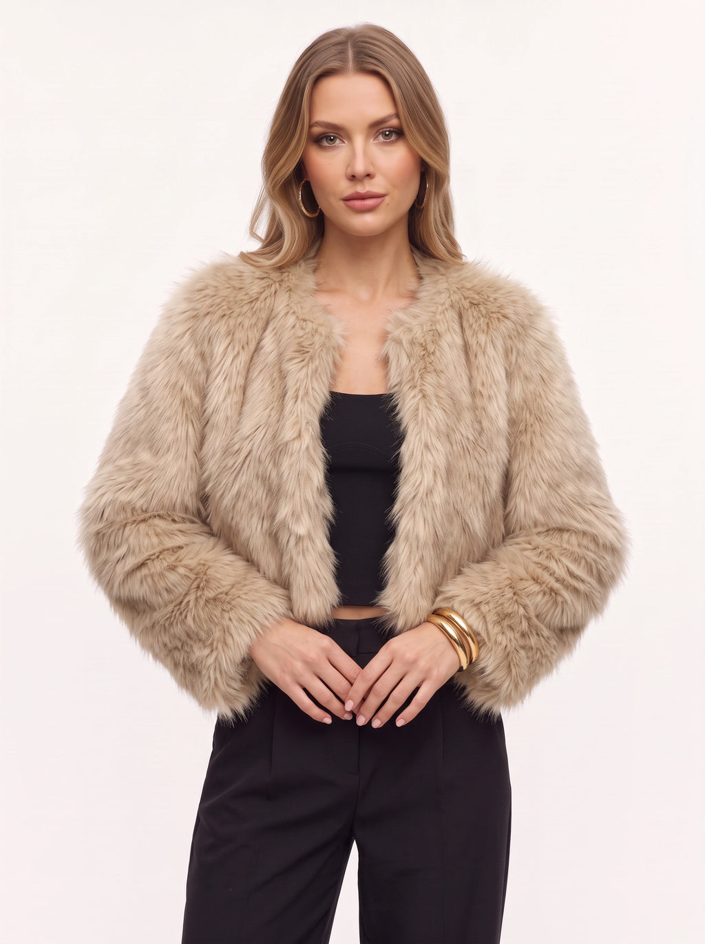 Starru Cropped Faux Fur Jacket – Women Cropped Fur Coat Short Evening Party Open Front Jacket