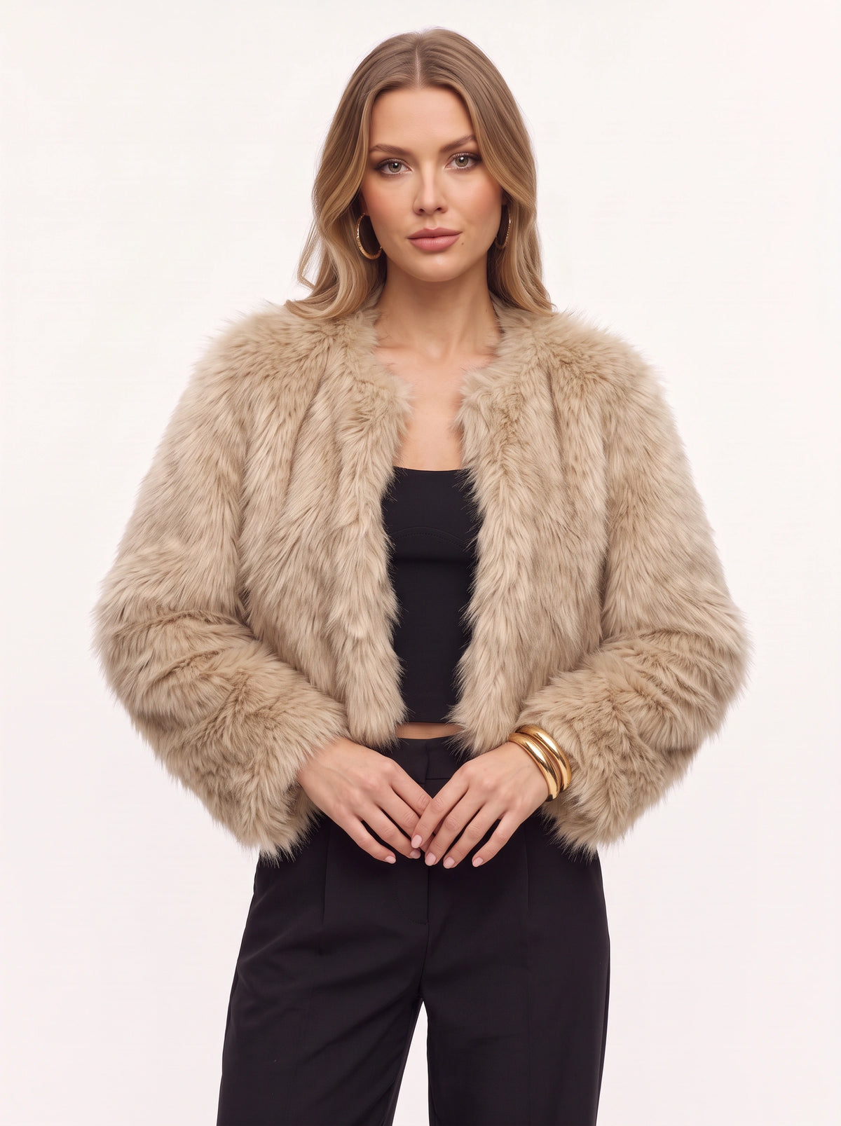 Starru Cropped Faux Fur Jacket – Women Cropped Fur Coat Short Evening Party Open Front Jacket