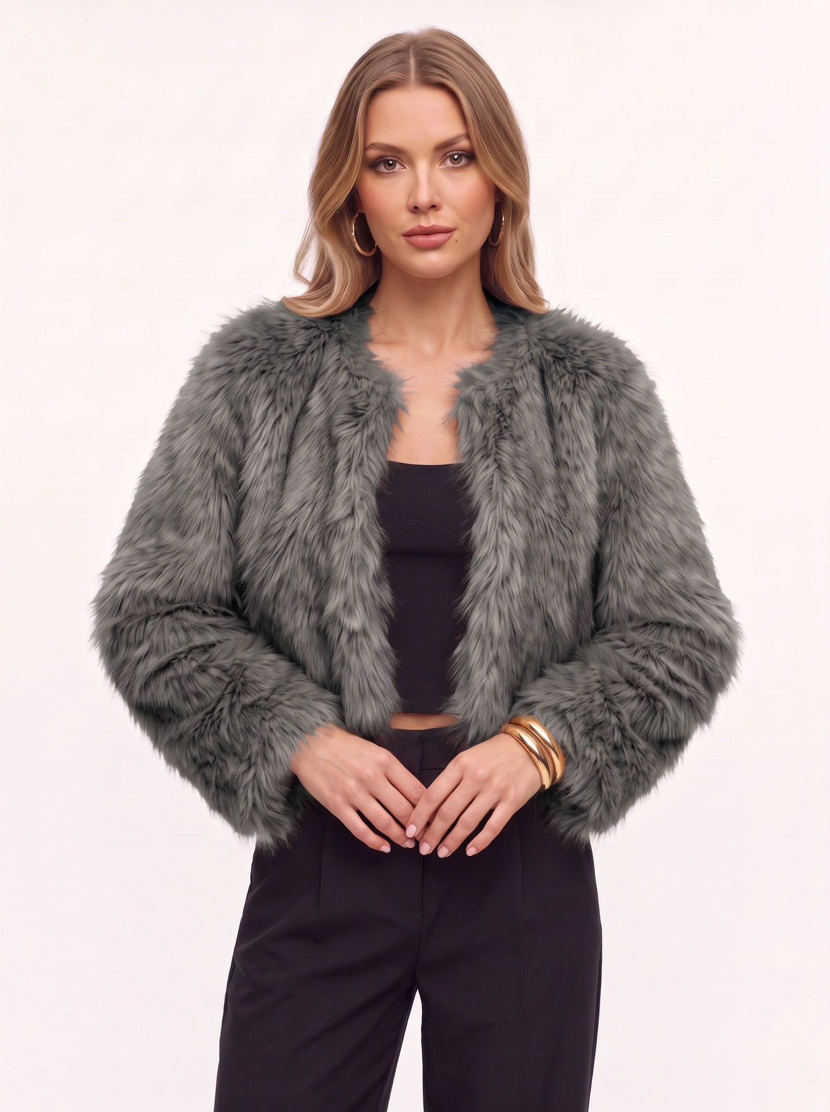 Starru Cropped Faux Fur Jacket – Women Cropped Fur Coat Short Evening Party Open Front Jacket