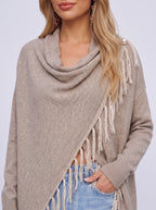 Diagasca Draped Fringe Cardigan – Women Oversized Cowl Neck Open Front Autumn Winter Knit Cardigan