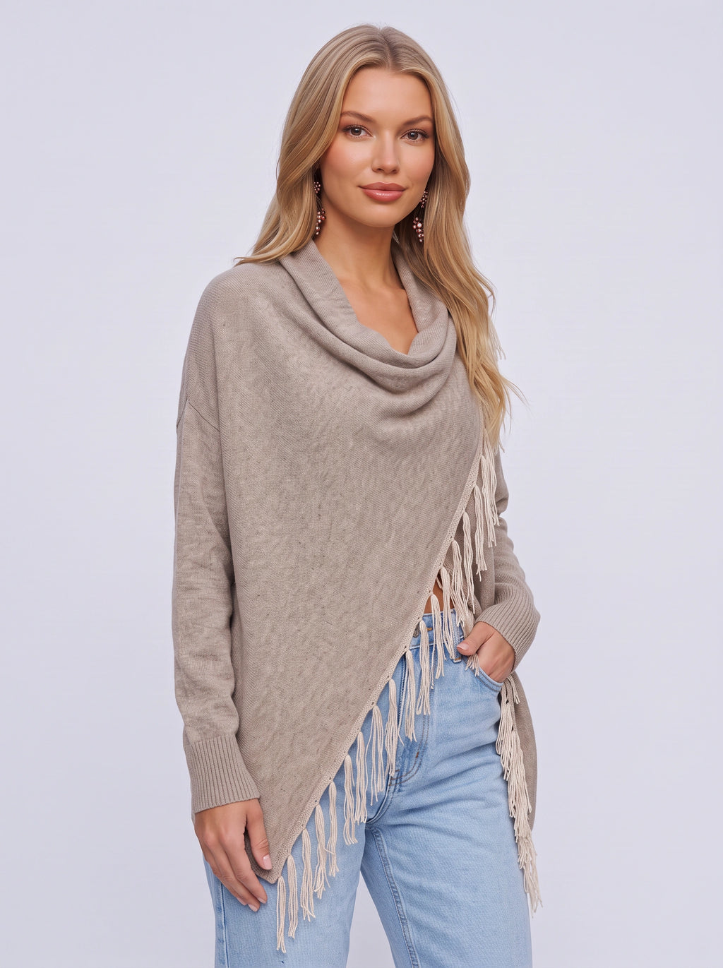 Diagasca Draped Fringe Cardigan – Women Oversized Cowl Neck Open Front Autumn Winter Knit Cardigan
