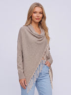 Diagasca Draped Fringe Cardigan – Women Oversized Cowl Neck Open Front Autumn Winter Knit Cardigan