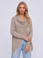 Diagasca Draped Fringe Cardigan – Women Oversized Cowl Neck Open Front Autumn Winter Knit Cardigan