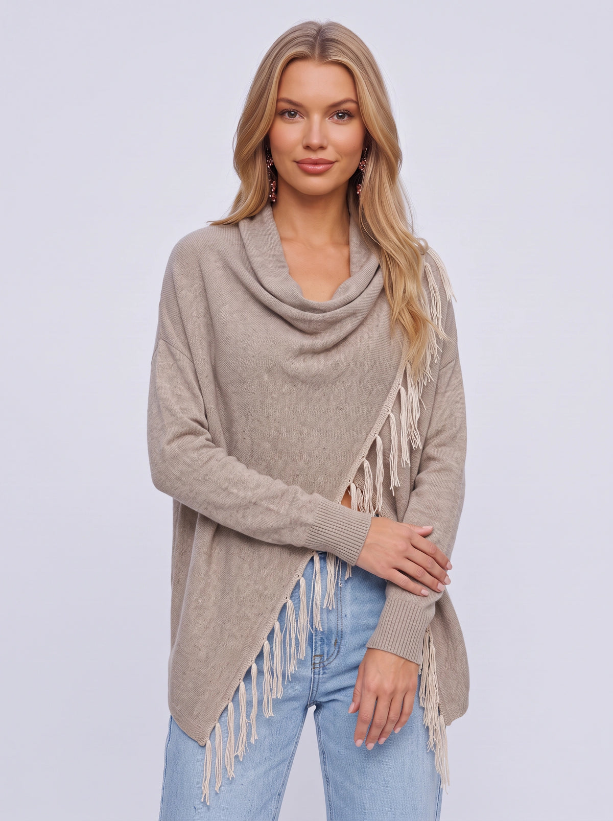 Diagasca Draped Fringe Cardigan – Women Oversized Cowl Neck Open Front Autumn Winter Knit Cardigan
