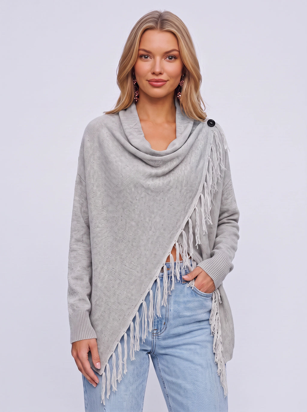 Diagasca Draped Fringe Cardigan – Women Oversized Cowl Neck Open Front Autumn Winter Knit Cardigan