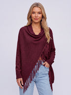 Diagasca Draped Fringe Cardigan – Women Oversized Cowl Neck Open Front Autumn Winter Knit Cardigan