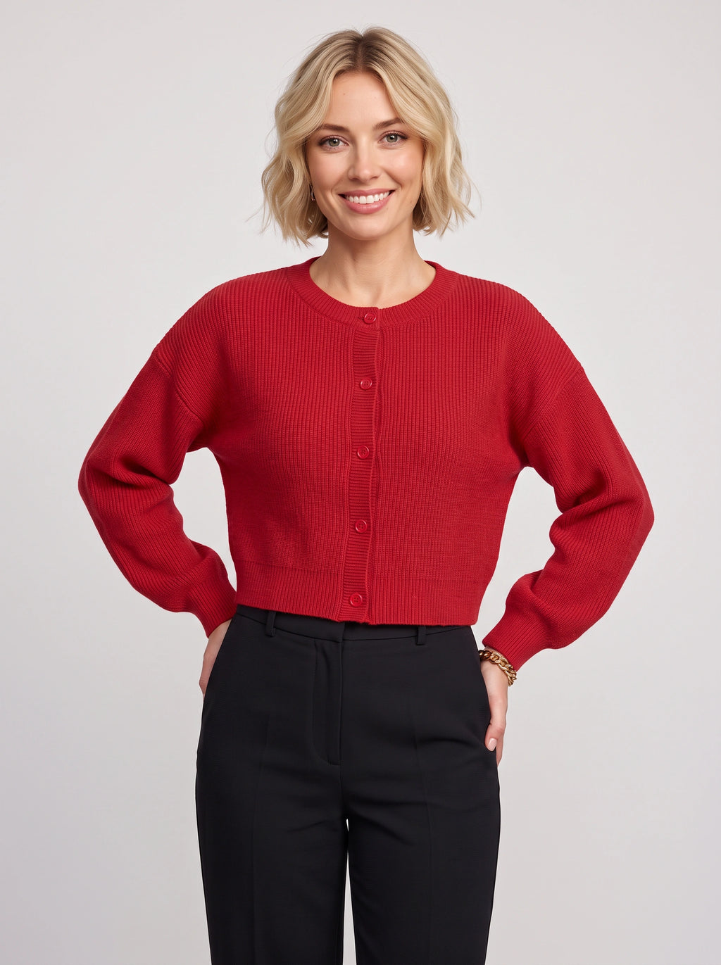 Ridjenne Button-Front Crop Cardigan – Ribbed Knit Women Autumn Office Casual Workwear Crop Cardigan
