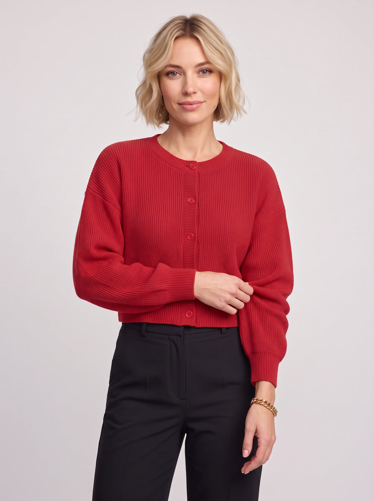 Ridjenne Button-Front Crop Cardigan – Ribbed Knit Women Autumn Office Casual Workwear Crop Cardigan