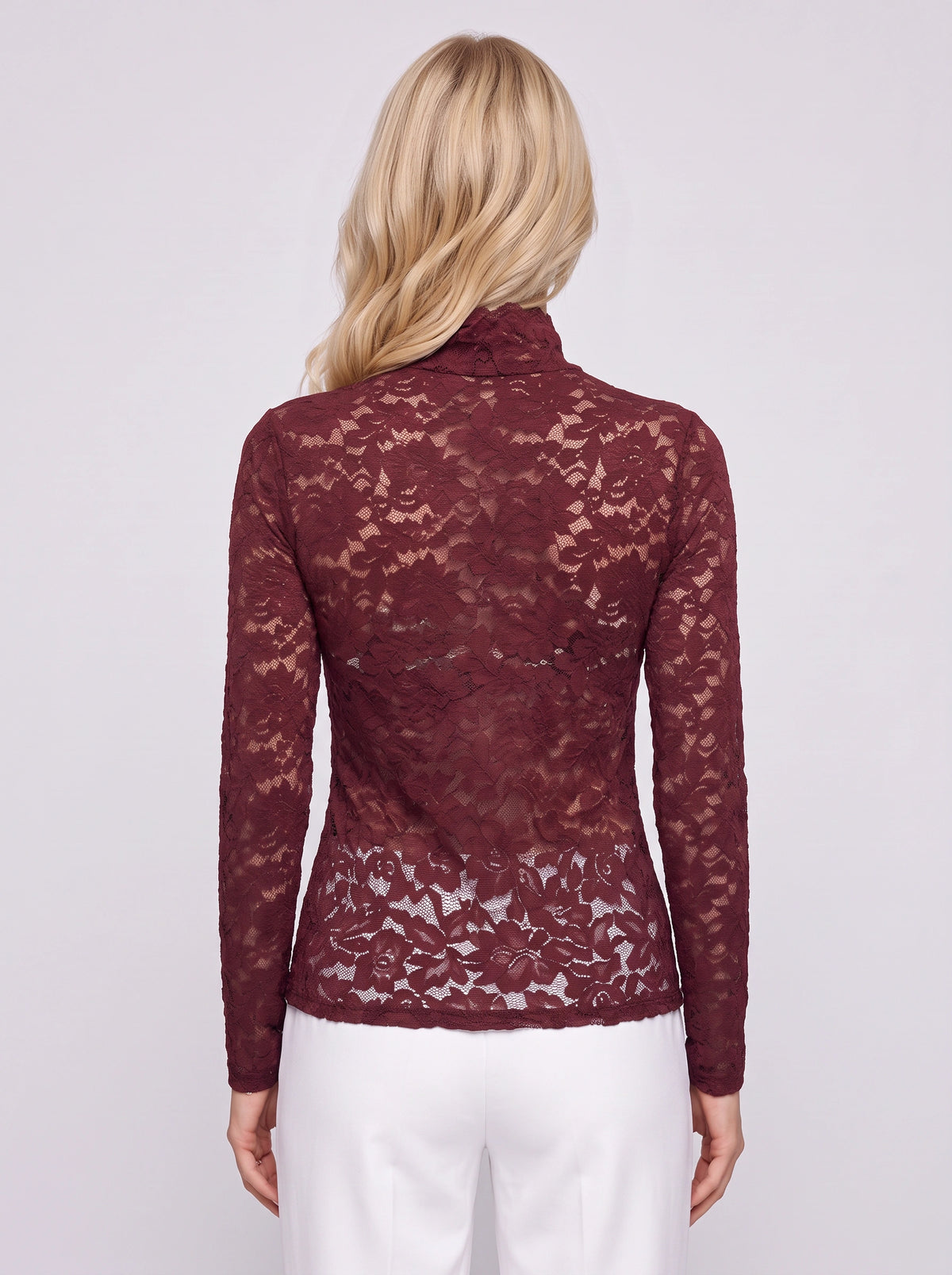 Scalette High-Neck Lace Top – Long Sleeve Women Formal Evening Party Elegant Sheer Lace Top
