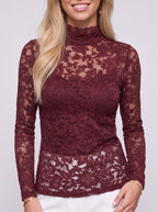 Scalette High-Neck Lace Top – Long Sleeve Women Formal Evening Party Elegant Sheer Lace Top