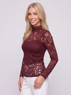 Scalette High-Neck Lace Top – Long Sleeve Women Formal Evening Party Elegant Sheer Lace Top