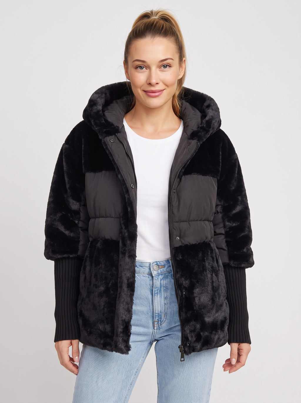 Knibryn Faux Fur Hooded Puffer Jacket – Quilted Padded Women Winter Coat Ribbed Knit Sleeve Hooded Jacket