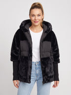 Knibryn Faux Fur Hooded Puffer Jacket – Quilted Padded Women Winter Coat Ribbed Knit Sleeve Hooded Jacket
