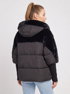 Knibryn Faux Fur Hooded Puffer Jacket – Quilted Padded Women Winter Coat Ribbed Knit Sleeve Hooded Jacket