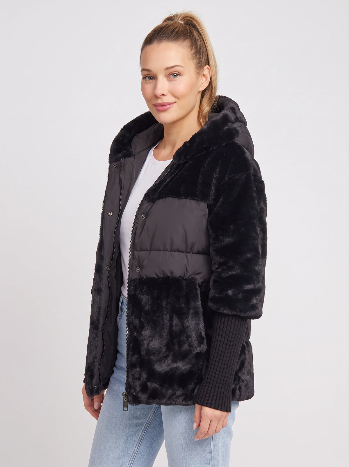 Knibryn Faux Fur Hooded Puffer Jacket – Quilted Padded Women Winter Coat Ribbed Knit Sleeve Hooded Jacket