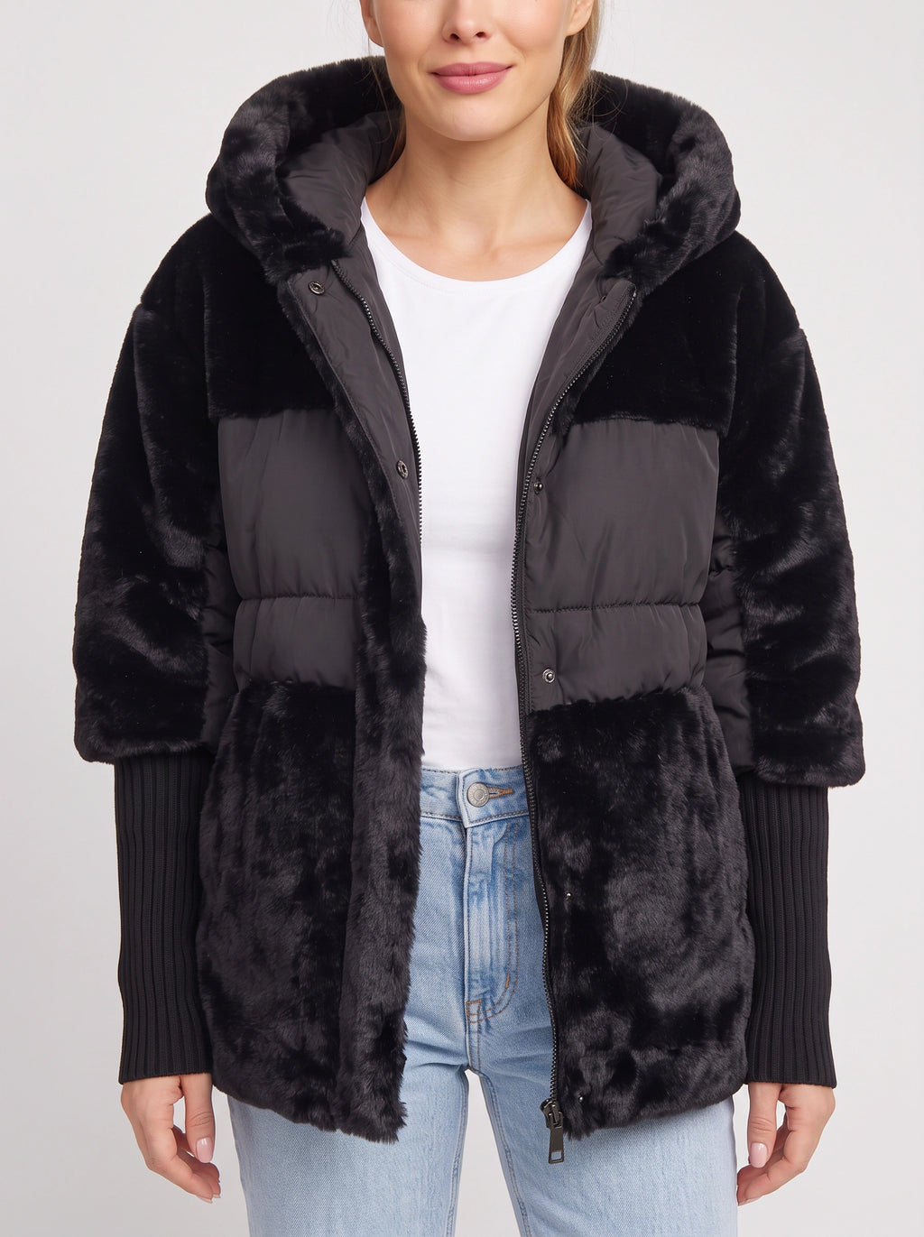 Knibryn Faux Fur Hooded Puffer Jacket – Quilted Padded Women Winter Coat Ribbed Knit Sleeve Hooded Jacket