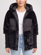 Knibryn Faux Fur Hooded Puffer Jacket – Quilted Padded Women Winter Coat Ribbed Knit Sleeve Hooded Jacket
