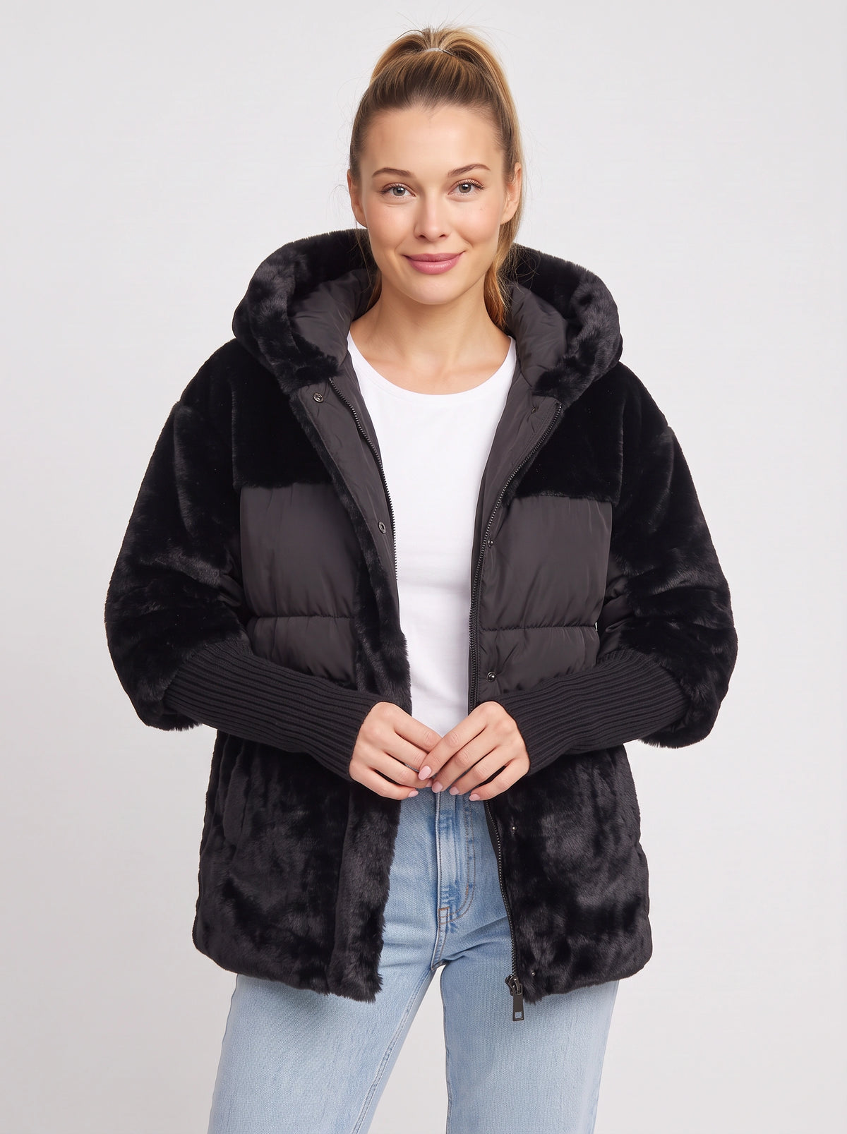Knibryn Faux Fur Hooded Puffer Jacket – Quilted Padded Women Winter Coat Ribbed Knit Sleeve Hooded Jacket