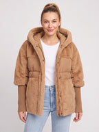Knibryn Faux Fur Hooded Puffer Jacket – Quilted Padded Women Winter Coat Ribbed Knit Sleeve Hooded Jacket