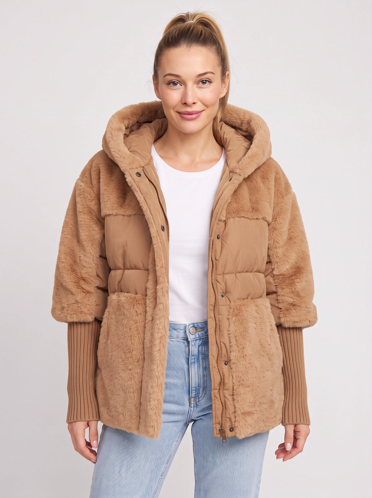 Knibryn Faux Fur Hooded Puffer Jacket – Quilted Padded Women Winter Coat Ribbed Knit Sleeve Hooded Jacket