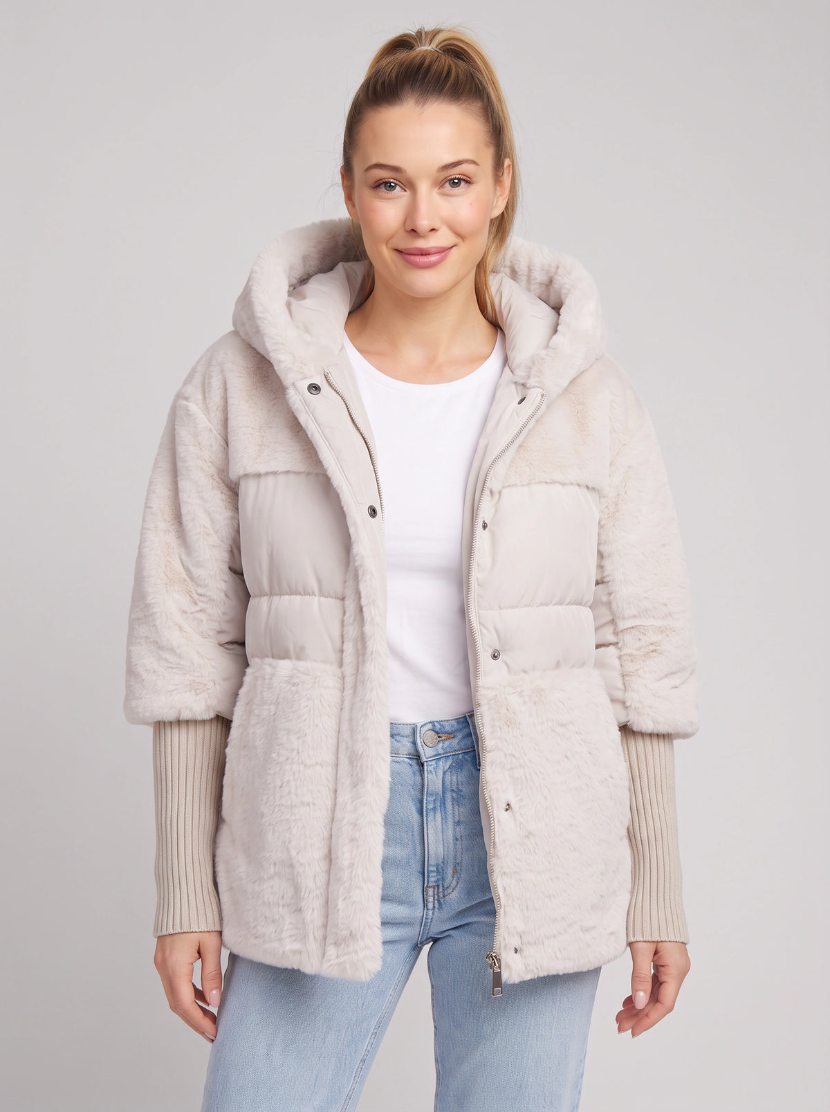 Knibryn Faux Fur Hooded Puffer Jacket – Quilted Padded Women Winter Coat Ribbed Knit Sleeve Hooded Jacket