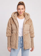 Knibryn Faux Fur Hooded Puffer Jacket – Quilted Padded Women Winter Coat Ribbed Knit Sleeve Hooded Jacket