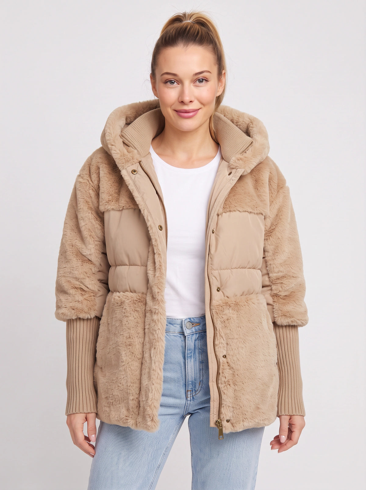 Knibryn Faux Fur Hooded Puffer Jacket – Quilted Padded Women Winter Coat Ribbed Knit Sleeve Hooded Jacket