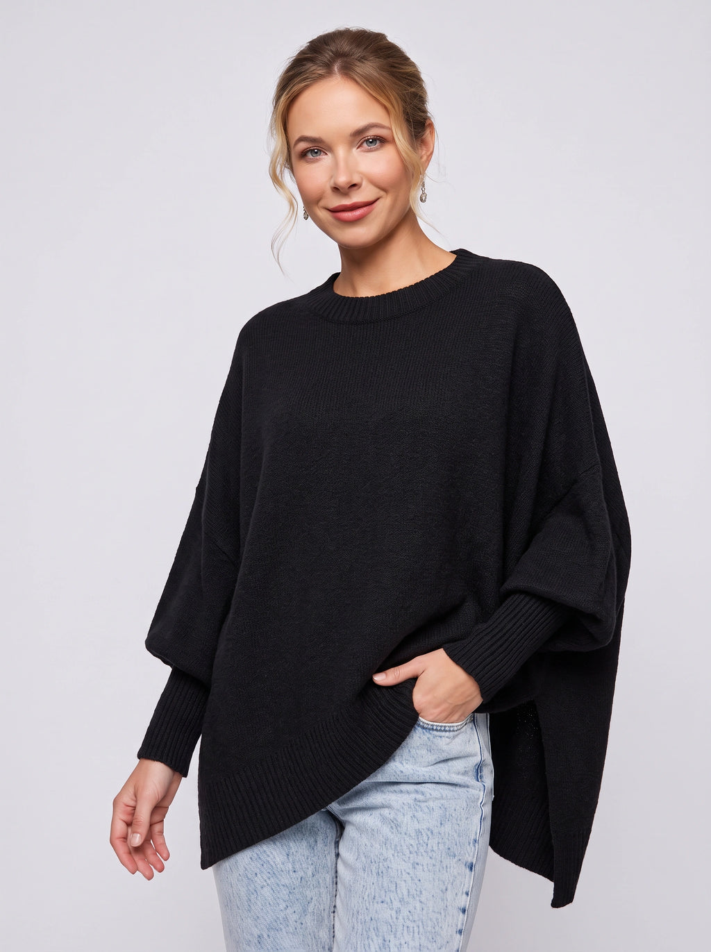 Diagwyn Asymmetric Poncho Sweater – Oversized Knit Cape Ribbed Sleeve Women Jumper Longline Top