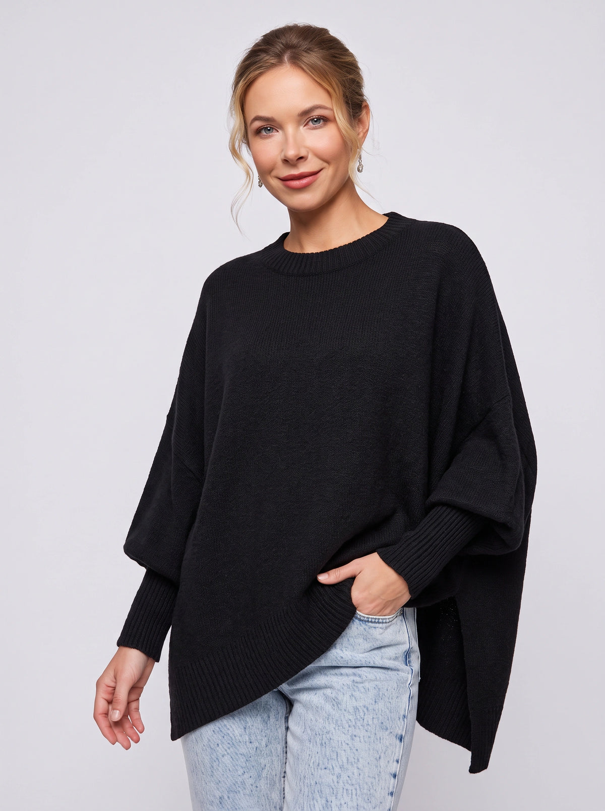 Diagwyn Asymmetric Poncho Sweater – Oversized Knit Cape Ribbed Sleeve Women Jumper Longline Top