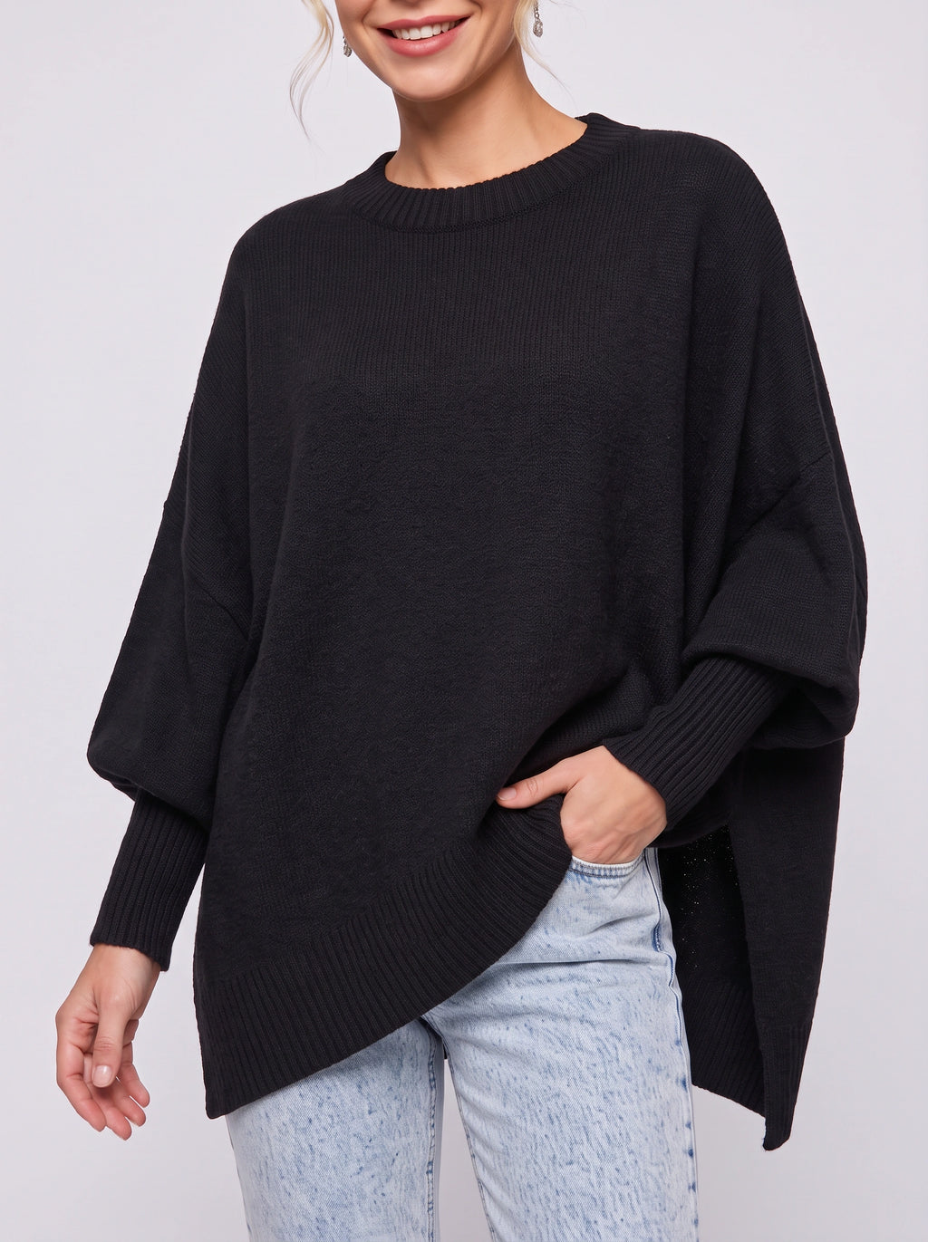 Diagwyn Asymmetric Poncho Sweater – Oversized Knit Cape Ribbed Sleeve Women Jumper Longline Top