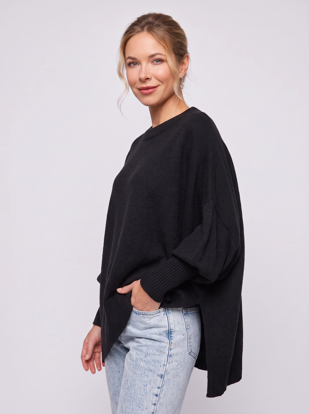 Diagwyn Asymmetric Poncho Sweater – Oversized Knit Cape Ribbed Sleeve Women Jumper Longline Top