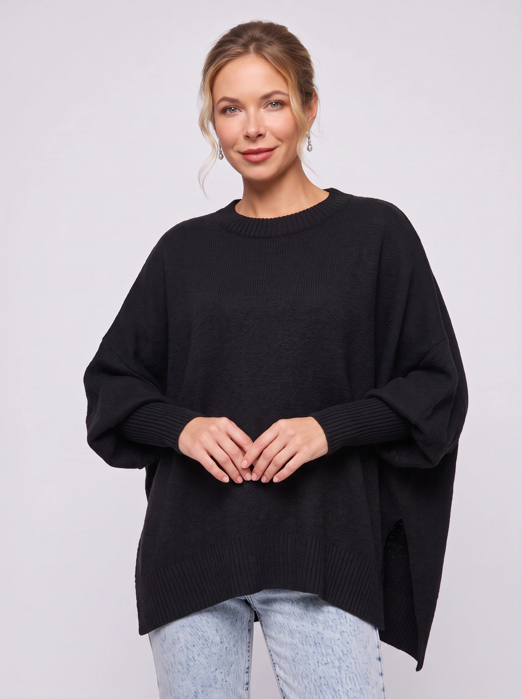 Diagwyn Asymmetric Poncho Sweater – Oversized Knit Cape Ribbed Sleeve Women Jumper Longline Top