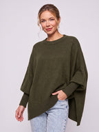 Diagwyn Asymmetric Poncho Sweater – Oversized Knit Cape Ribbed Sleeve Women Jumper Longline Top